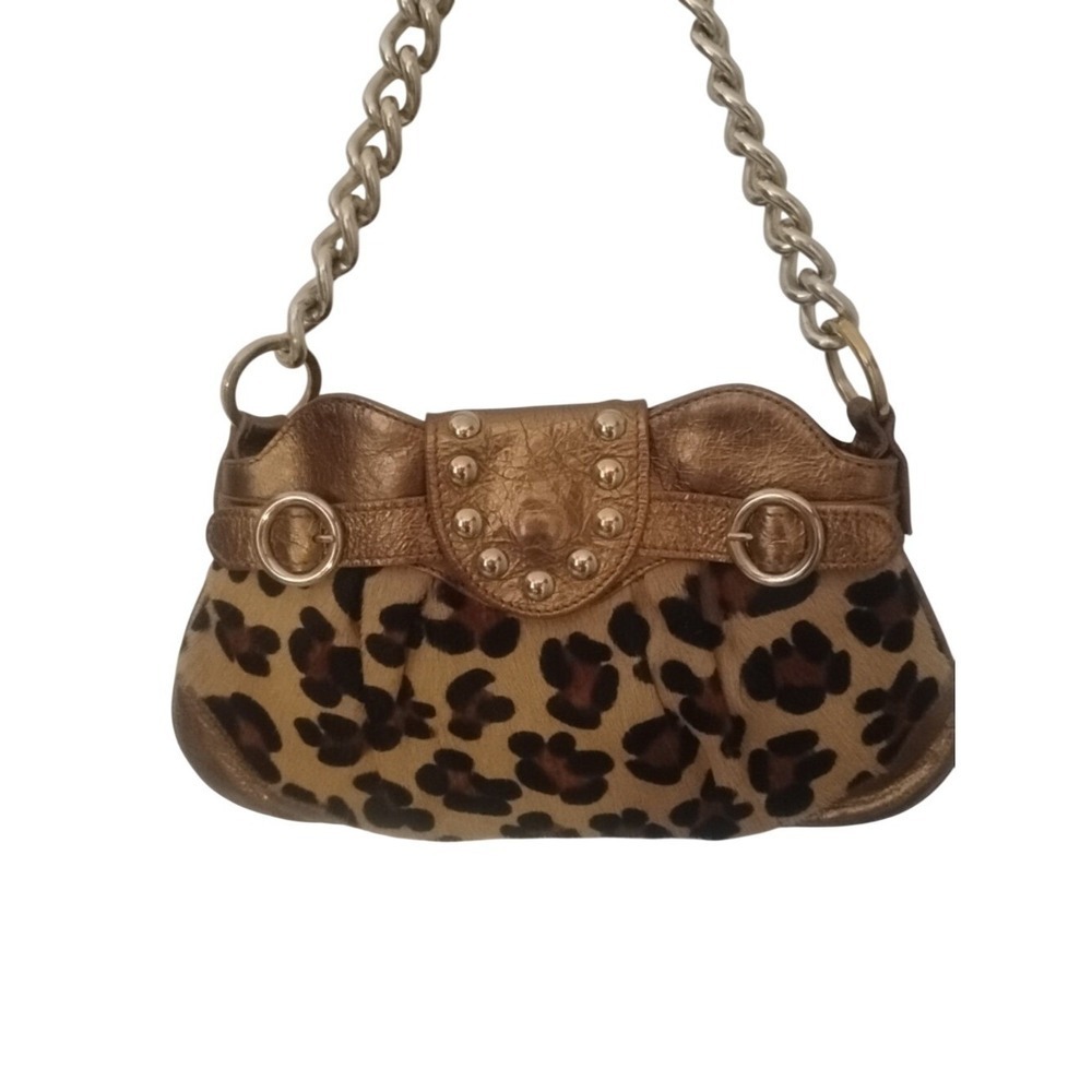 Caterina Lucchi Italy Leopard Calf Hair Metallic Gold Studded Chain Shoulder Bag